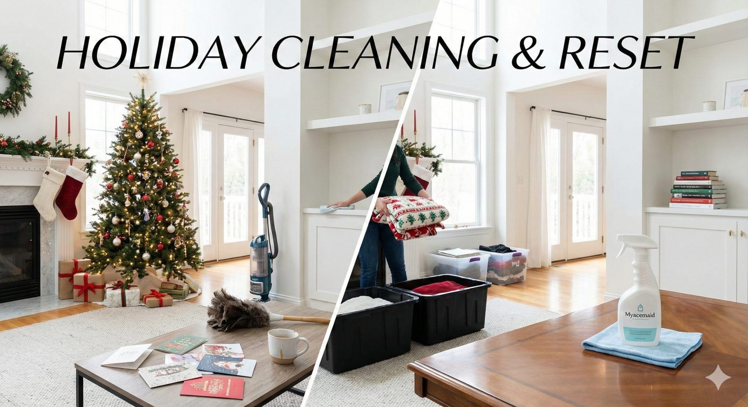 Living room scene with holiday decorations, cleaning supplies, and a person organizing items.